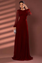 Chiffon Jewel Neck Long Sleeves Long Prom Dress With Pleated WQ0258