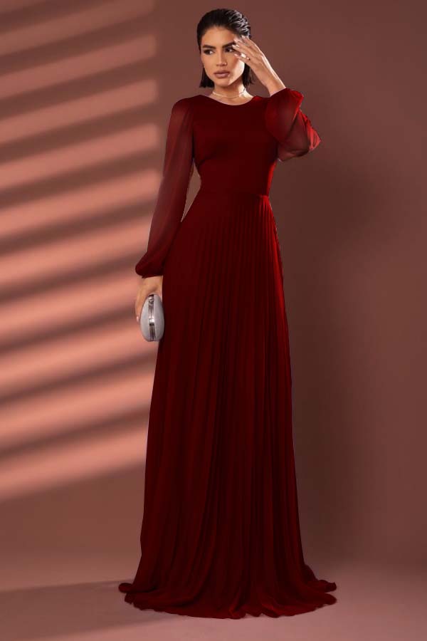 Chiffon Jewel Neck Long Sleeves Long Prom Dress With Pleated WQ0258