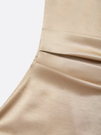 Champagne Ruched Buckle Satin Cowl Neck Sleeveless Sheath Midi Dress