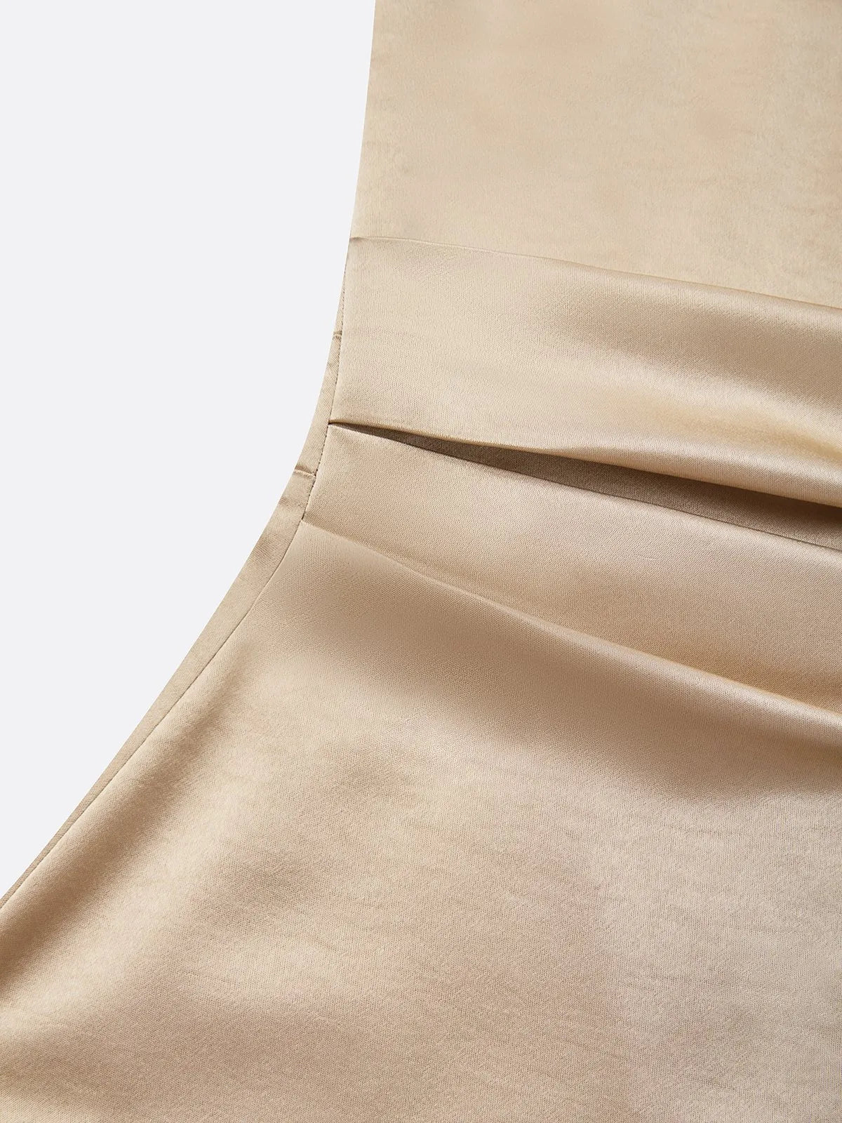 Champagne Ruched Buckle Satin Cowl Neck Sleeveless Sheath Midi Dress