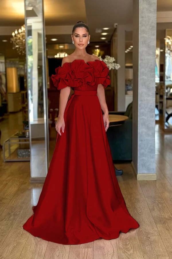 Satin Off-The-Shoulder Strapless High-Waisted Long A-Line Prom Dress With Ruffles JQ0425