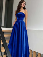 Satin Strapless Sleeveless High-Waisted Long A-Line Prom Dress With Pleated YK0638