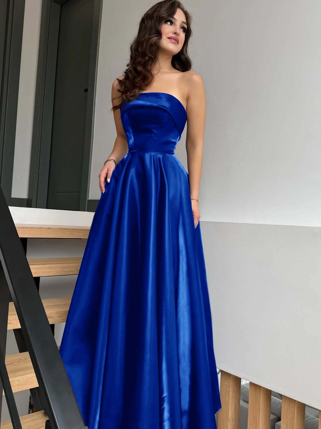 Satin Strapless Sleeveless High-Waisted Long A-Line Prom Dress With Pleated YK0638
