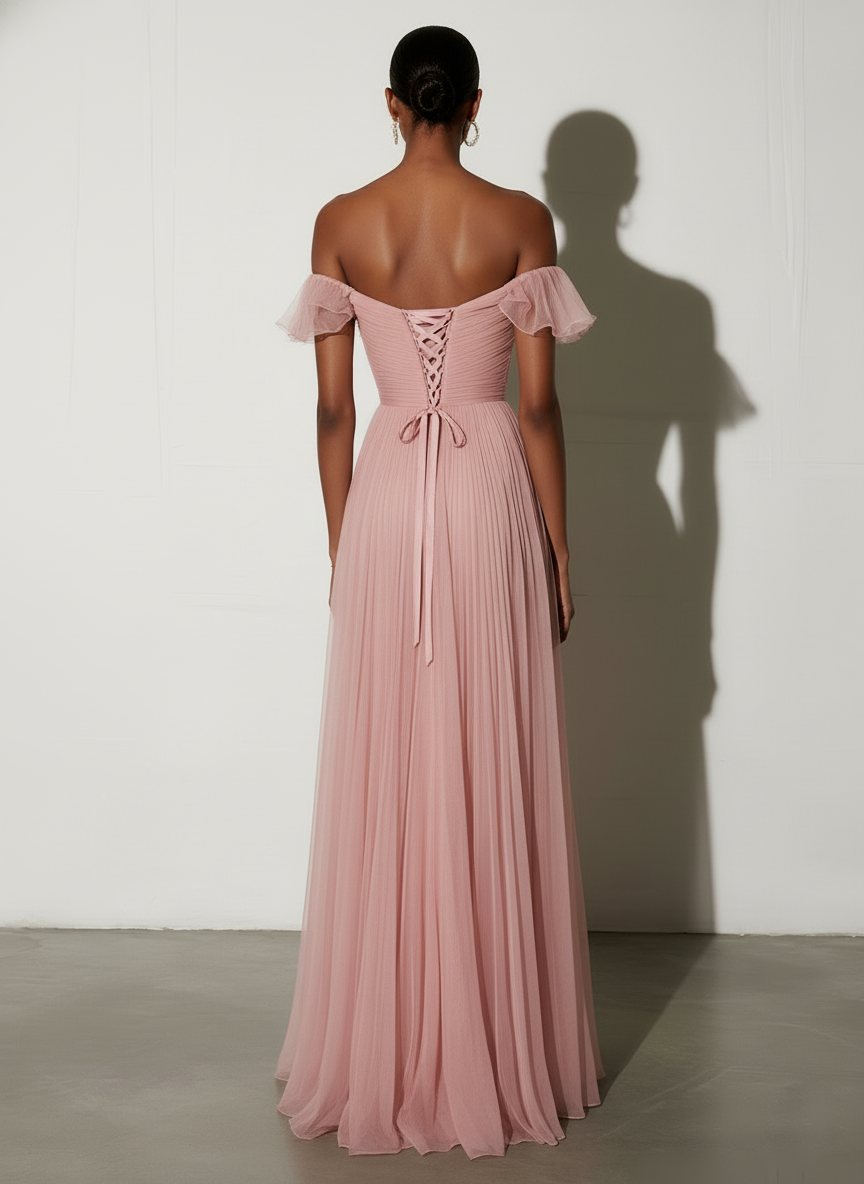 Pink Ruffled Pleated Tulle Off The Shoulder Short Sleeve A-Line Gown Dress