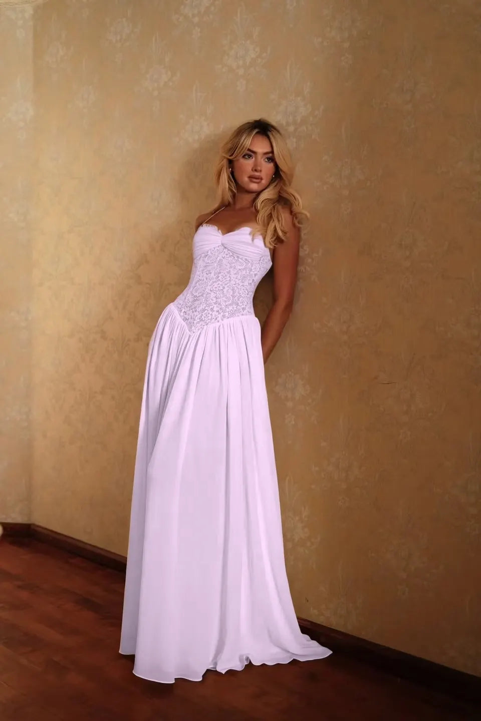 Cocoslly Spaghetti Straps Sleeveless High Waist Long Prom Dress | Glod Champage Chiffon YC0559