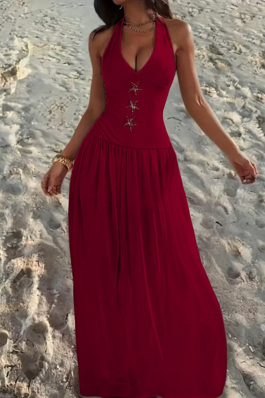 Cocoslly Halter V-Neck Sleeveless High Waist Long Prom Dress With Rhinstone | Ivory Chiffon XJ0755
