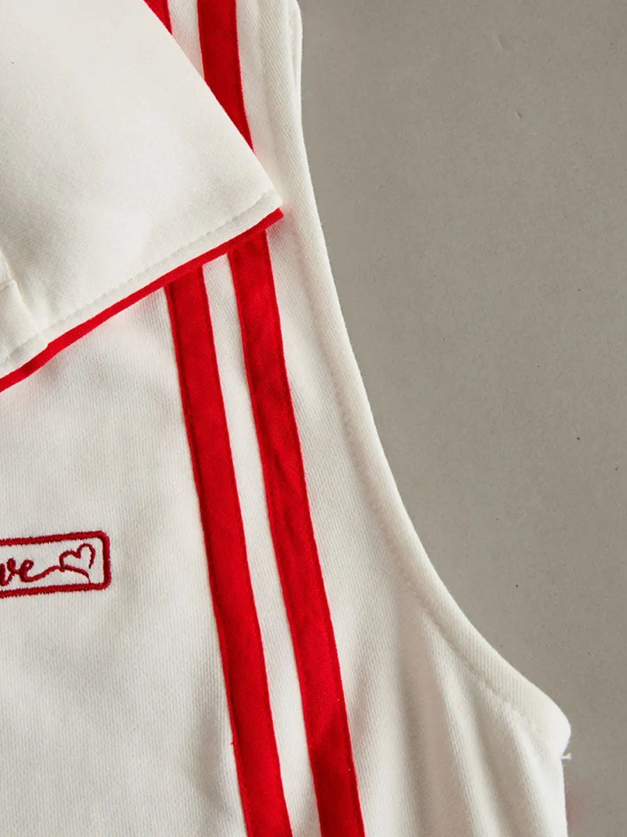 Sporty Retro Red Ribbon White Cotton Sleeveless Jumpsuit