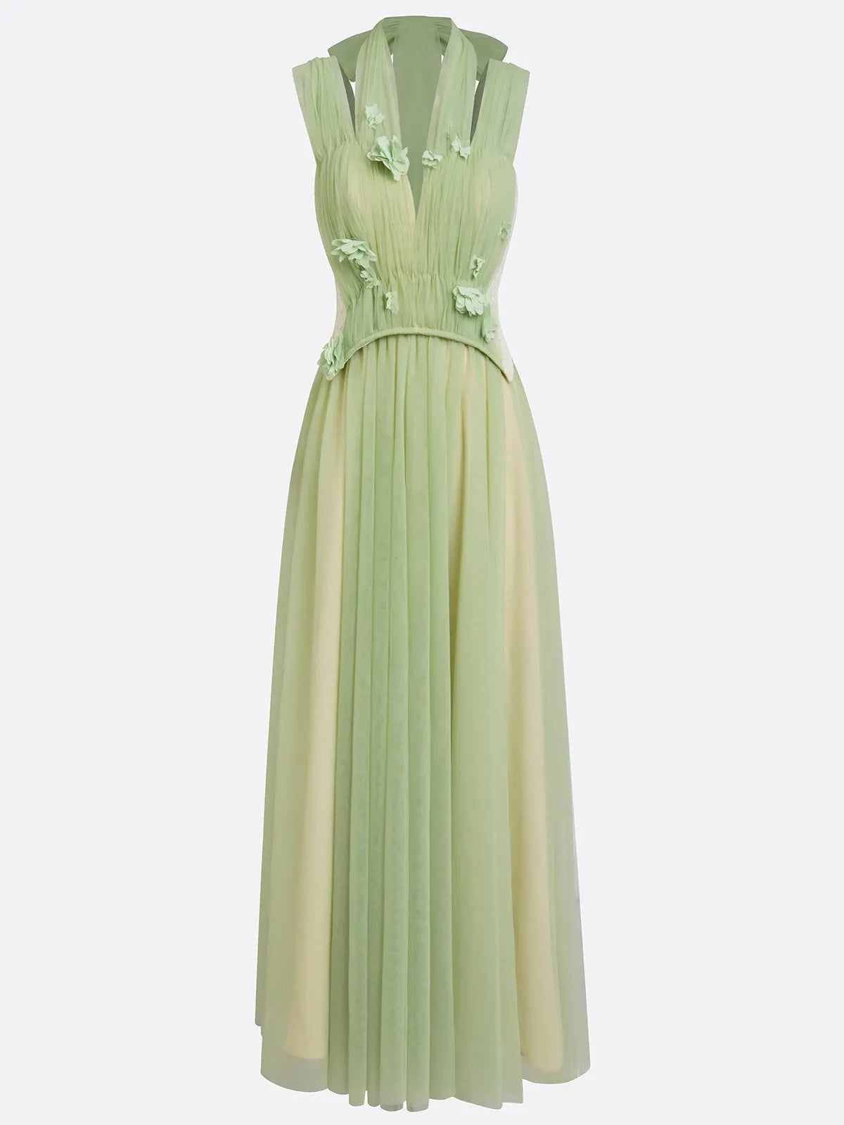 Green Chiffon V Neck Sleeveless A-Line Floor-length Gown Dress