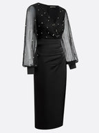 Black Beaded Slit Satin V Neck Long Sleeve Balloon Sleeve Sheath Midi Dress