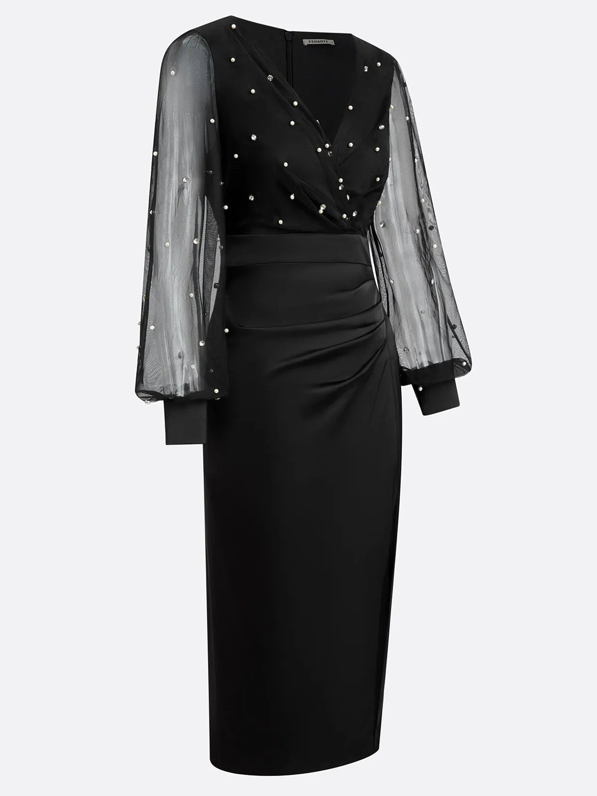 Black Beaded Slit Satin V Neck Long Sleeve Balloon Sleeve Sheath Midi Dress
