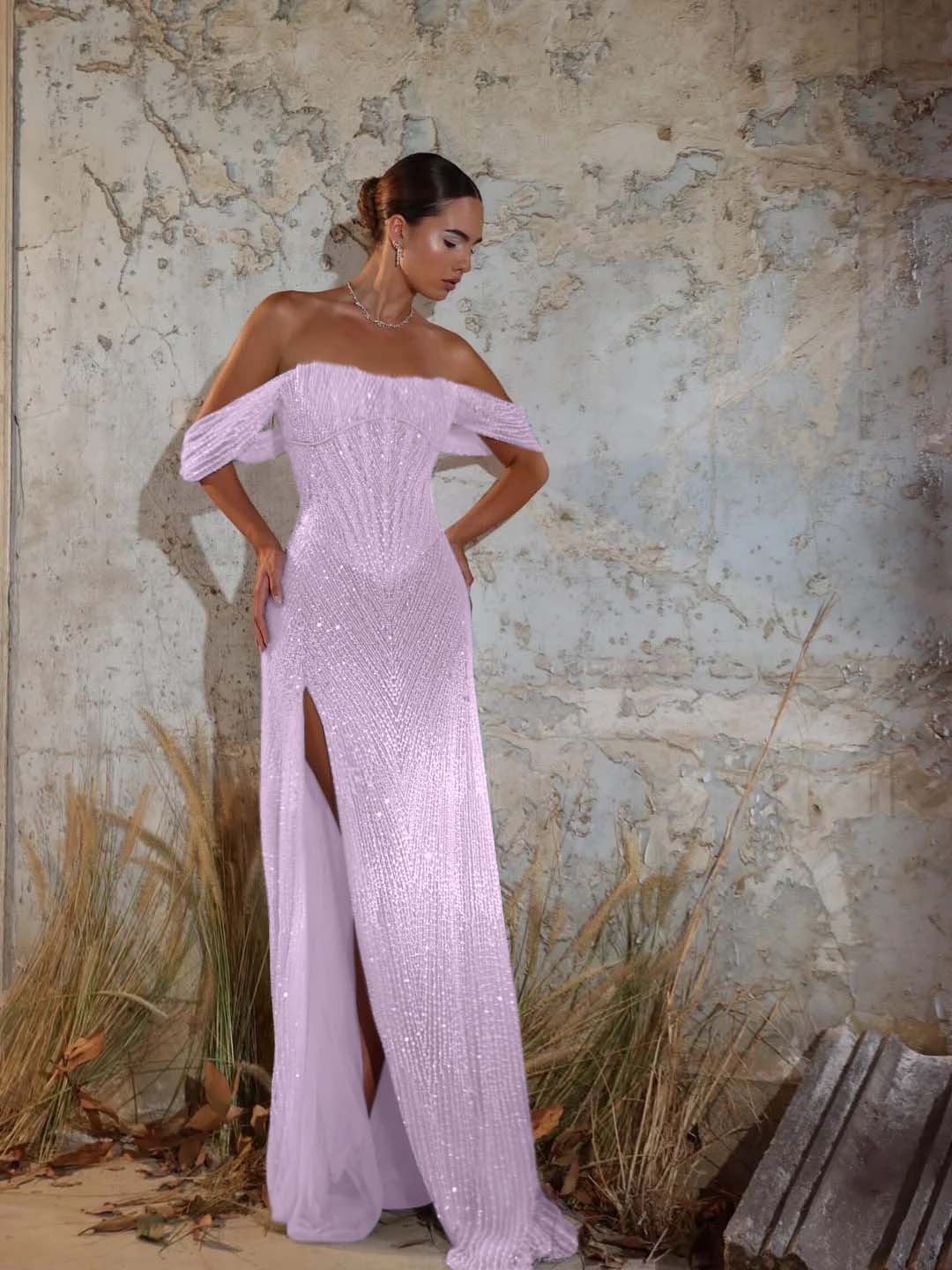 Off-The-Shoulder Strapless Sleeveless Long Mermaid Prom Dress With Sequins And High Split YK0711