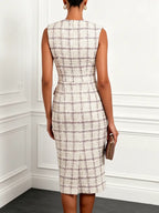 White Buckle Tweed Blazer Notched Sleeveless Sheath Midi Dress