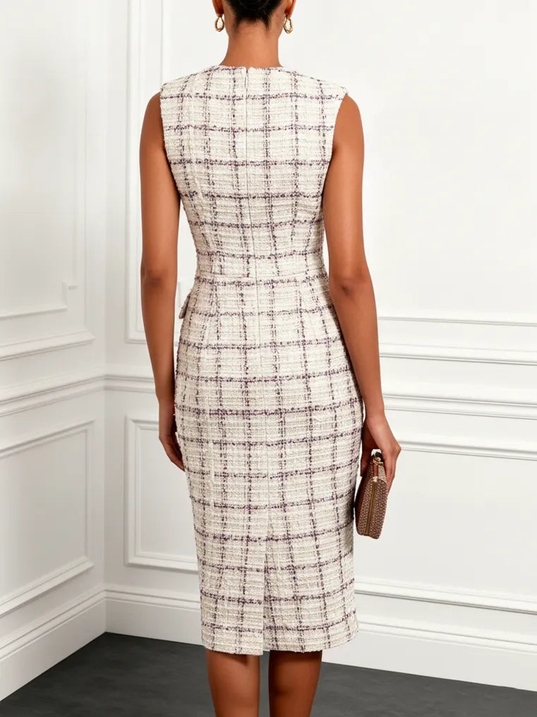 White Buckle Tweed Blazer Notched Sleeveless Sheath Midi Dress