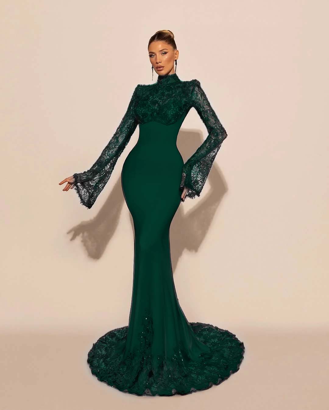 High Neck Lace Long Sleeves Long Mermaid Prom Dress With Pleated YK0572