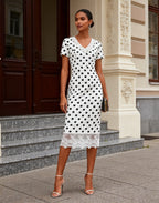 White Polka Dots Lace Classic V Neck Short Sleeve Sheath Midi Dress