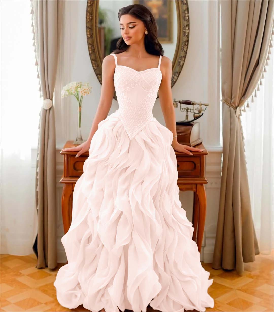 Tulle V-Neck Spaghetti Straps Strapless Sleeveless Long A-Line Prom Dress With Beadings And Pleated YK0761