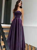 Satin Strapless Sleeveless High-Waisted Long A-Line Prom Dress With Pleated YK0638