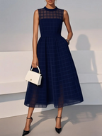 Navy Blue Organza Mesh Plaid Classic Crew Neck Sleeveless A-Line Midi Dress