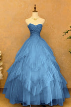 Cocoslly Strapless Sleeveless High Waist Long Prom Dress With Ruffles | Sky Blue Tulle YC0473