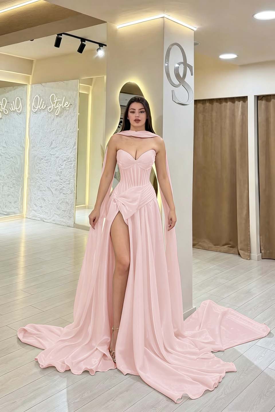 Cocoslly Strapless Sweetheart Sleeveless High Waist Long Split Prom Dress With Scarf | Burgundy Satin YC0479