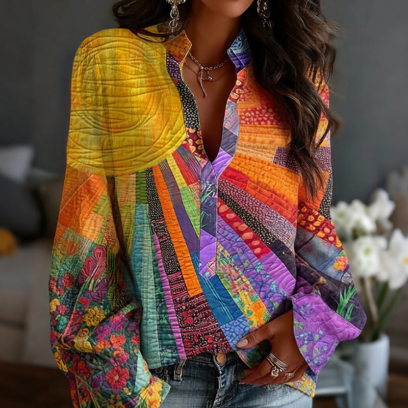 Women's Floral In Gradient Art Print Flowy Linen Blend  Tops