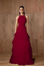 Cocoslly Halter Sleeveless High Waist Long Prom Dress With Ruffles | Daffodil Tulle YC0478