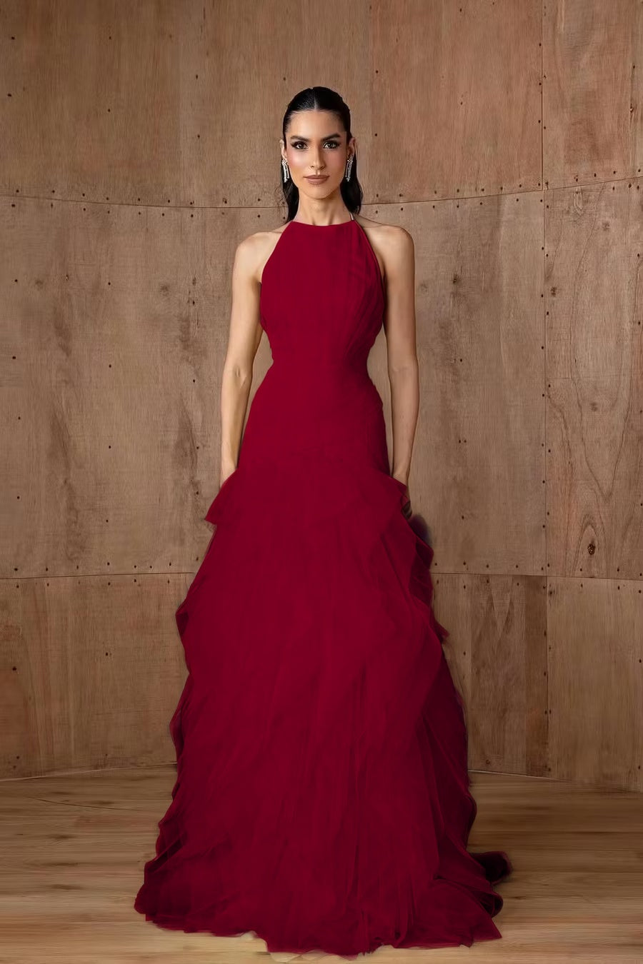Cocoslly Halter Sleeveless High Waist Long Prom Dress With Ruffles | Daffodil Tulle YC0478