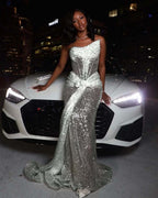 Tulle Asymmetric Strapless Sleeveless Long Pleated Mermaid Prom Dress With Sequins And Ruffles YK0320