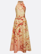 Pale Yellow Floral Classic Halter Mock Neck Sleeveless A-Line Maxi Dress