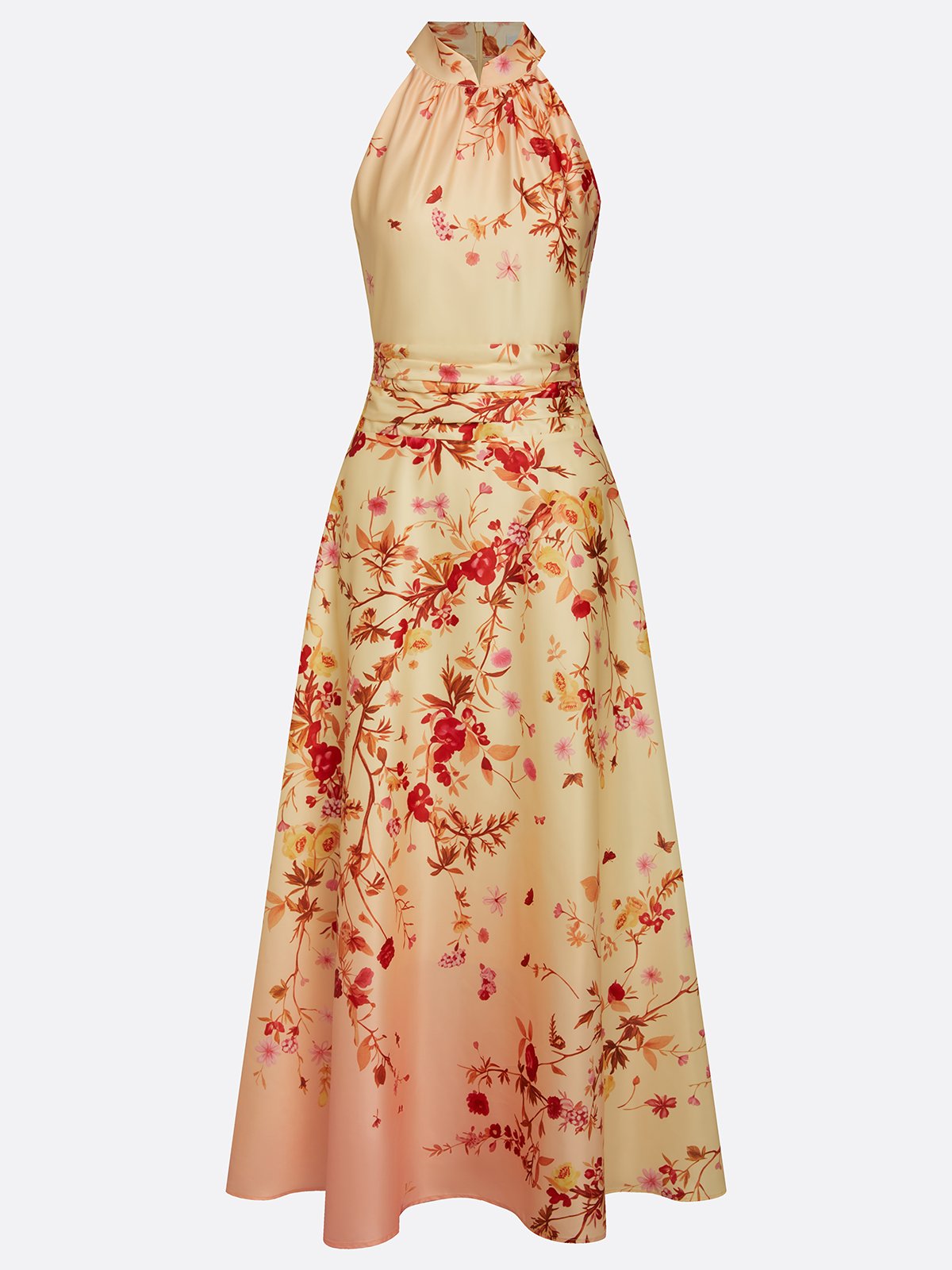 Pale Yellow Floral Classic Halter Mock Neck Sleeveless A-Line Maxi Dress