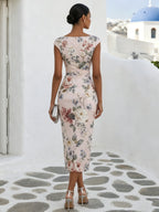 Light Pink Floral Classic Boat Neck Cap Sleeve Sheath Midi Dress