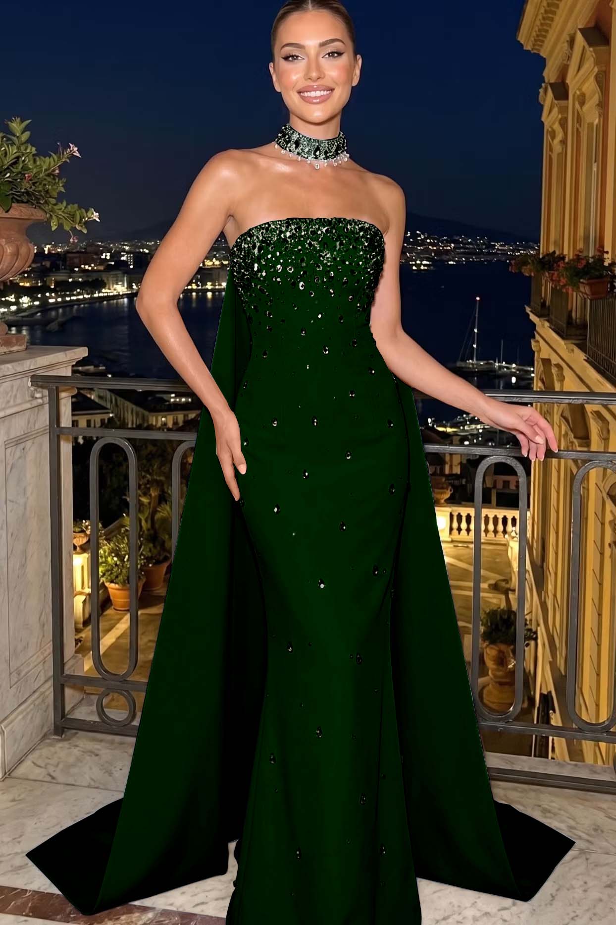 Cocoslly Strapless Sleeveless High Waist Long Mermaid Prom Dress With Rhinstone | Blue Satin YC0546