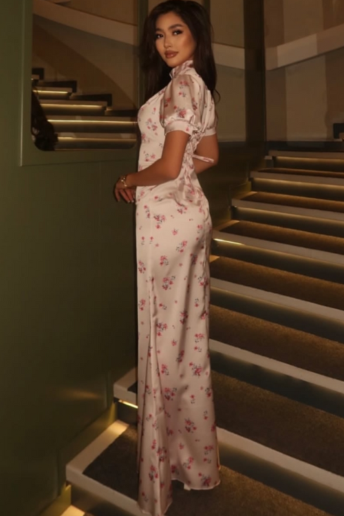 Cocoslly High Neck Short Sleeves High Waist Long Mermaid Prom Dress | Pink Satin CO0052