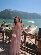 Cocoslly Halter Sleeveless High Waist Long Prom Dress With Ruffles And Flower | Blushing Pink Chiffon RH0096