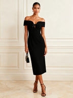 Black Bow Classic Off The Shoulder Short Sleeve Sheath Midi Dress