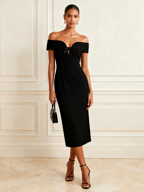 Black Bow Classic Off The Shoulder Short Sleeve Sheath Midi Dress