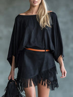 Casual Retro Tassel Black Batwing Sleeve Faux Suede Mini Dress