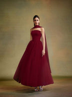 Tulle Strapless Sleeveless Long A-Line Prom Dress With Pleated And Ruffles YK0659