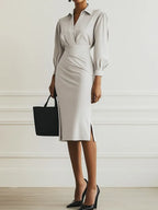 Women Light Gray Ruched Shirt Collar Long Sleeve Dressy Top With Skirt Two-Piece Set