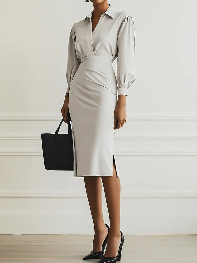 Women Light Gray Ruched Shirt Collar Long Sleeve Dressy Top With Skirt Two-Piece Set