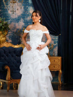 Tulle Strapless Off-The-Shoulder Sleeveless Long Pleated A-Line Prom Dress With Beadings And Rhinstone YK0769