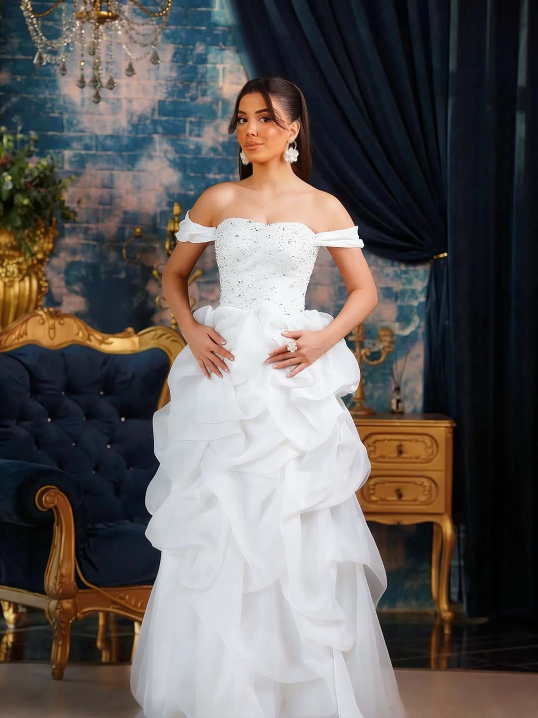 Tulle Strapless Off-The-Shoulder Sleeveless Long Pleated A-Line Prom Dress With Beadings And Rhinstone YK0769