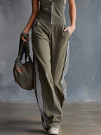 Retro Fashion Sports V-Neck Front-Zip Olive Green Cotton Overalls Jumpsuit