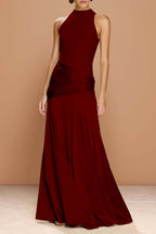 Cocoslly High-Neck Sleeveless Long Pleated Mermaid Prom Dress With Embroidery | Sage Green Satin ZA0147