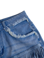 Vintage Washed Raw Edge Tassel Light Blue Denim Culottes