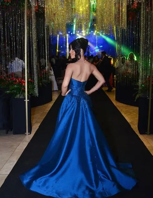 Cocoslly Strapless Sleeveless High Waist Long Prom Dress With Sequins | Royal Blue Satin LR0331