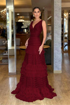 Tulle V-Neck Wide Shoulder Straps Sleeveless Long A-Line Prom Dress With Ruffles And Pleated WQ0149