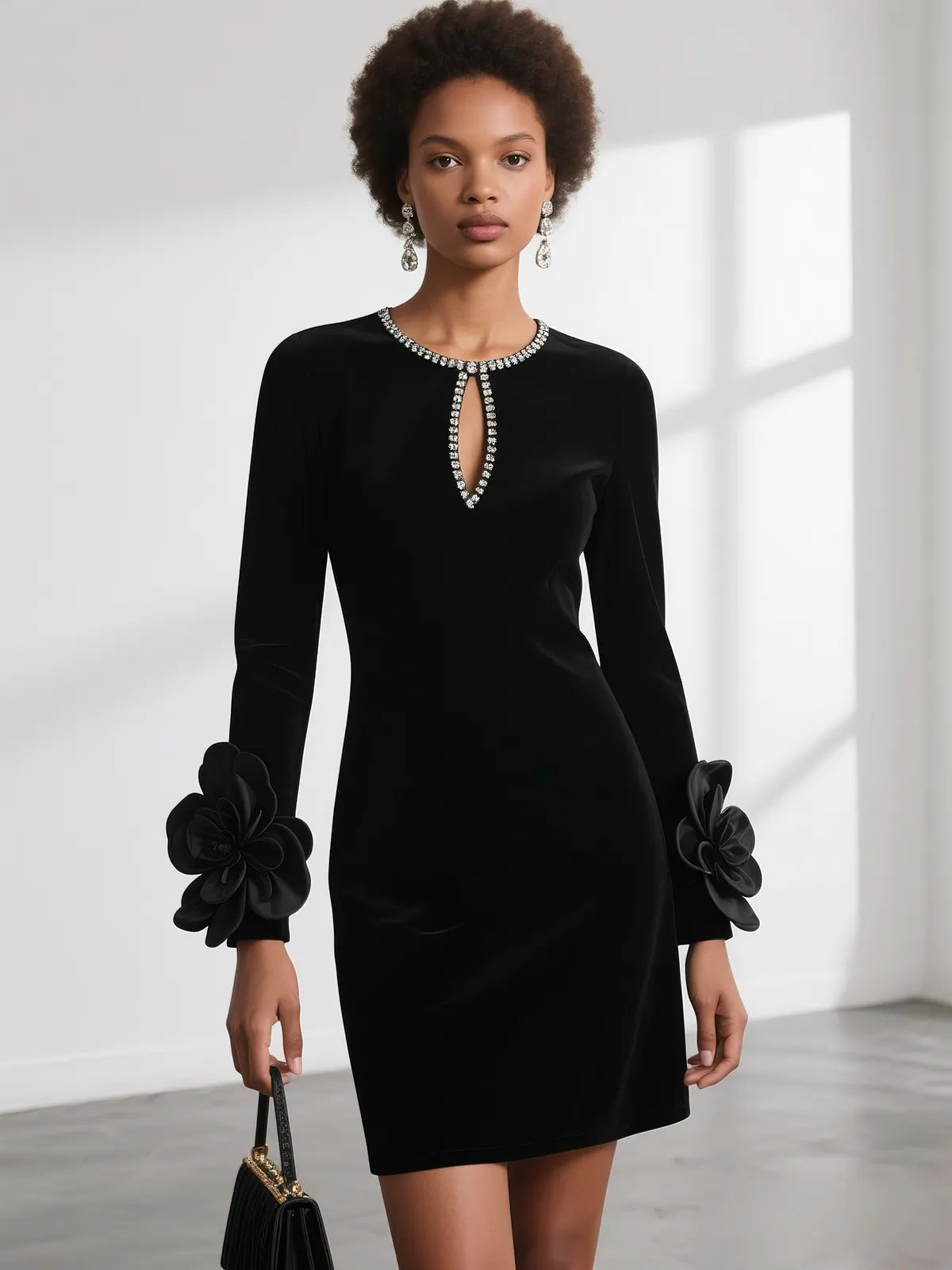 Black 3D Floral Rhinestone Velvet Crew Neck Long Sleeve Sheath Mini Dress