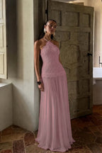 Cocoslly Halter Sleeveless High Waist Long Prom Dress With Appliques | White Chiffon YC0560
