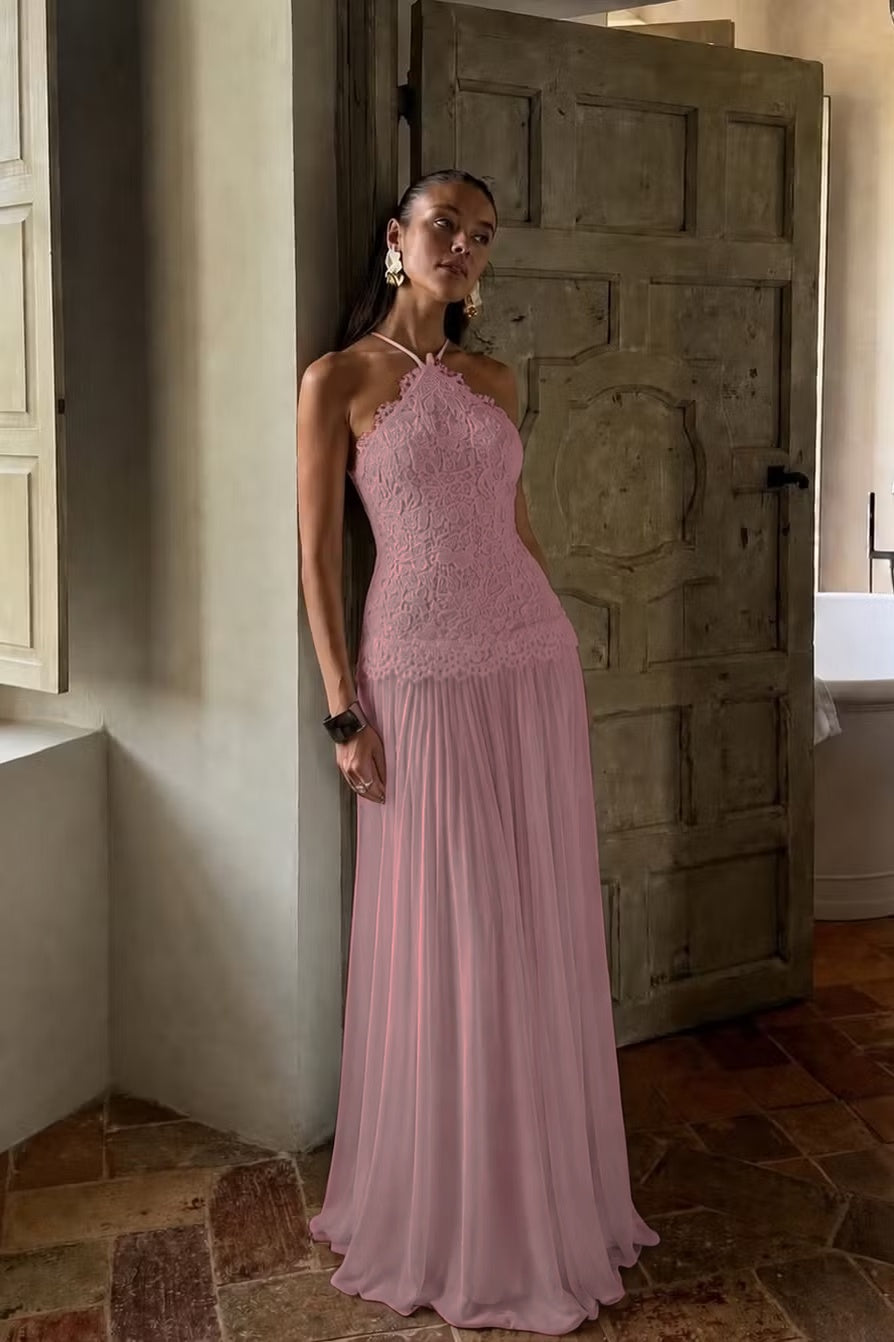 Cocoslly Halter Sleeveless High Waist Long Prom Dress With Appliques | White Chiffon YC0560